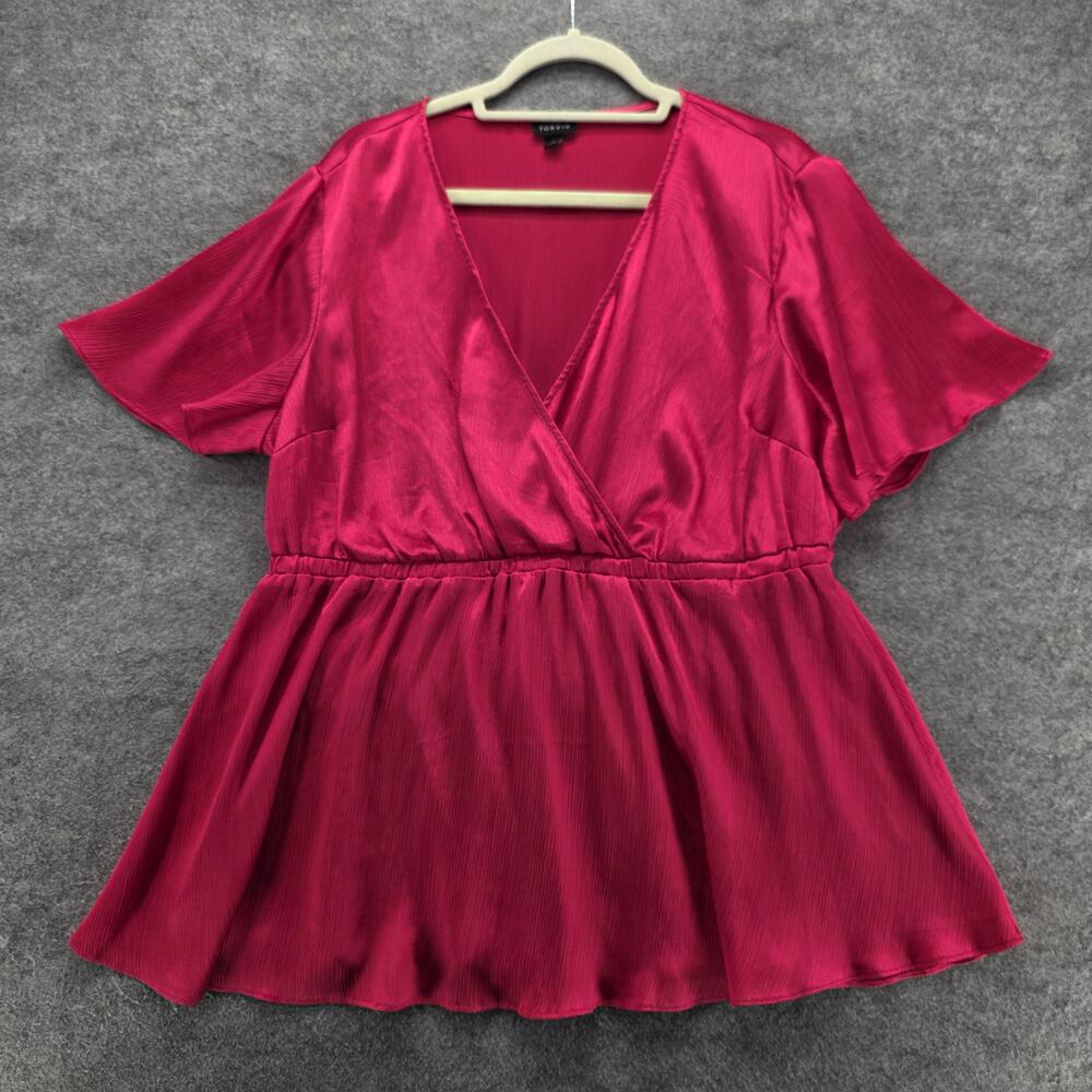 Torrid Blouse Kimono Womens 2 Pink V-Neck Short Flutter Sleeve Pleated Satin